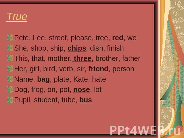 True Pete, Lee, street, please, tree, red, weShe, shop, ship, chips, dish, finishThis, that, mother, three, brother, fatherHer, girl, bird, verb, sir, friend, personName, bag, plate, Kate, hateDog, frog, on, pot, nose, lotPupil, student, tube, bus