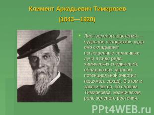 Климент Аркадьевич Тимирязев (1843—1920) Лист зеленого растения — чудесная «клад