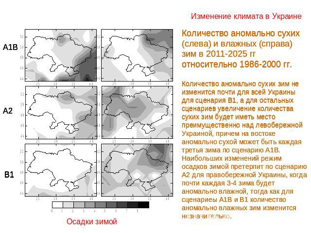 Изменение климата в Украине Количество аномально сухих (слева) и влажных (справа) зим в 2011-2025 гг относительно 1986-2000 гг.Количество аномально сухих зим не изменится почти для всей Украины для сценария В1, а для остальных сценариев увеличение к…