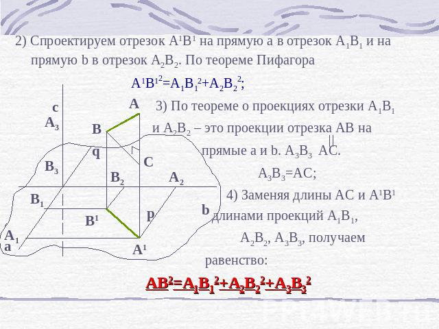 2) Спроектируем отрезок A1B1 на прямую а в отрезок А1В1 и на прямую b в отрезок А2В2. По теореме Пифагора A1B12=A1B12+A2B22; 3) По теореме о проекциях отрезки А1В1 и А2В2 – это проекции отрезка АВ на прямые a и b. А3В3 АС. А3В3=АС; 4) Заменяя длины …