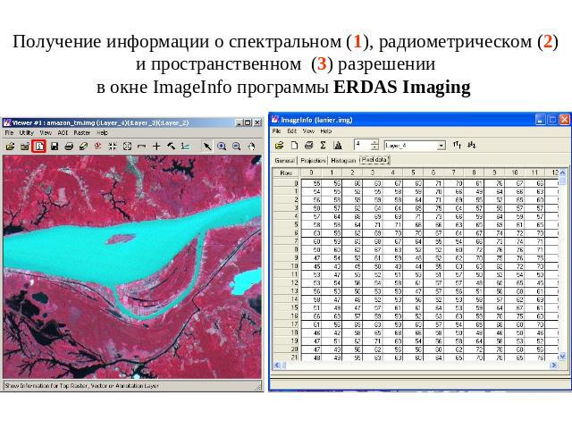 Получение информации о спектральном (1), радиометрическом (2) и пространственном (3) разрешениив окне ImageInfo программы ERDAS Imaging