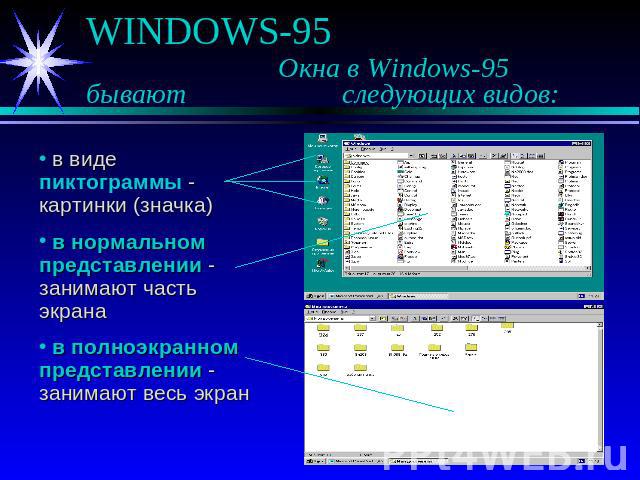 WINDOWS-95 Окна в Windows-95 бывают следующих видов: в виде пиктограммы - картинки (значка) в нормальном представлении - занимают часть экрана в полноэкранном представлении - занимают весь экран