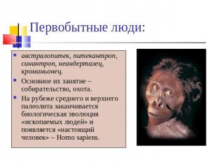 Первобытные люди: австралопитек, питекантроп, синантроп, неандерталец, кроманьон