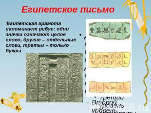 Египетское письмо Египетская грамота напоминает ребус: одни значки означают цело