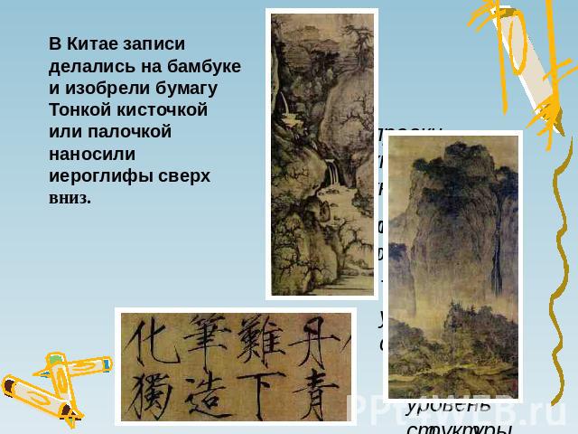 В Китае записи делались на бамбуке и изобрели бумагу Тонкой кисточкой или палочкой наносили иероглифы сверх вниз.