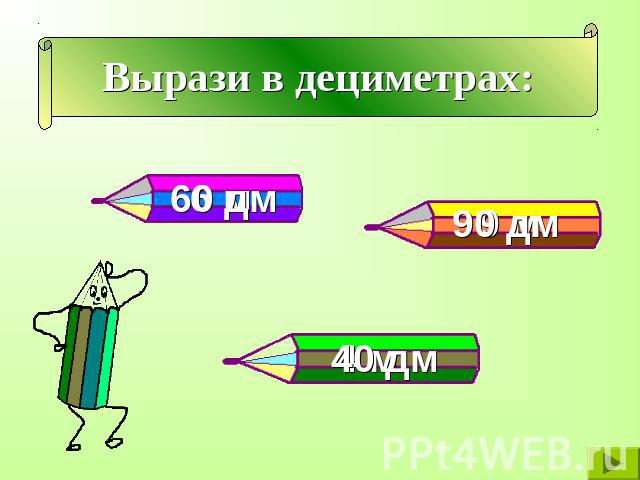 Вырази в дециметрах: 60 дм 90 дм 40 дм