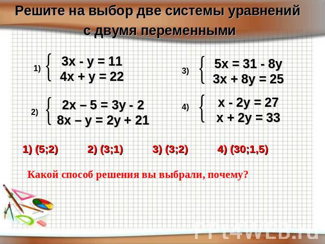 Решите на выбор две системы уравнений с двумя переменными 3х - у = 114х + у = 22 5х = 31 - 8у3х + 8у = 25 2х – 5 = 3у - 28х – у = 2у + 21 х - 2у = 27х + 2у = 33 1) (5;2)2) (3;1) 3) (3;2)4) (30;1,5) Какой способ решения вы выбрали, почему?