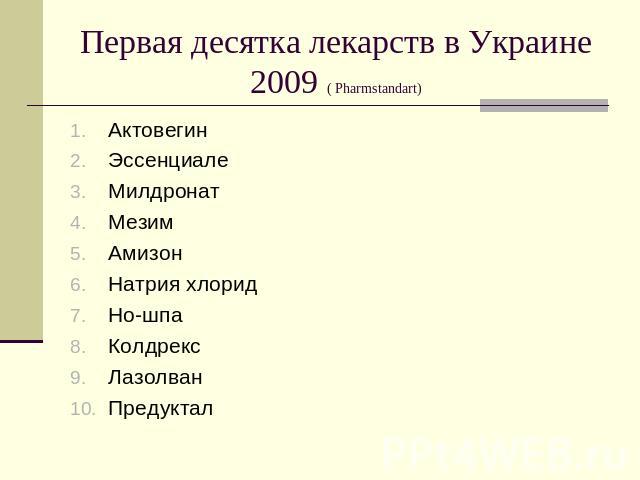 Первая десятка лекарств в Украине 2009 ( Pharmstandart) АктовегинЭссенциалеМилдронатМезимАмизонНатрия хлоридНо-шпаКолдрексЛазолванПредуктал