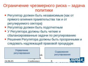 Ограничение чрезмерного риска – задача политики Регулятор должен быть независимы