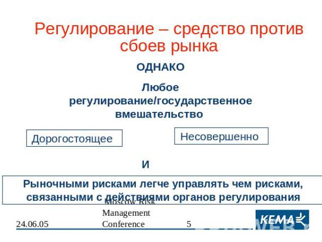 Регулирование – средство против сбоев рынка ОДНАКОЛюбое регулирование/государственное вмешательство Дорогостоящее Несовершенно Рыночными рисками легче управлять чем рисками, связанными с действиями органов регулирования