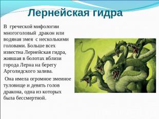 Лернейская гидра В греческой мифологии многоголовый дракон или водяная змея с не