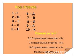 Код ответов 1 - Г 2 - Ж 3 – Е 4 – З 5 – Б 6 – Д 7 – В 8 – И 9 – А 10 – К Оценки