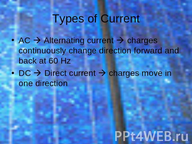 AC Alternating current charges continuously change direction forward and back at 60 HzDC Direct current charges move in one direction