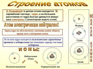 Строение атомов Э. Резерфорд: в центре атома находится заряжённая частица – ядро