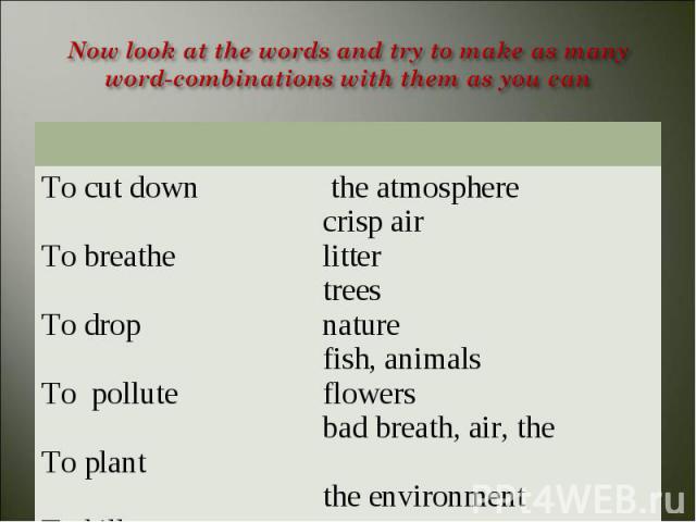 To cut down To breathe To drop To pollute To plant To kill To poison to protect the atmosphere crisp air litter trees nature fish, animals flowers bad breath, air, the the environment