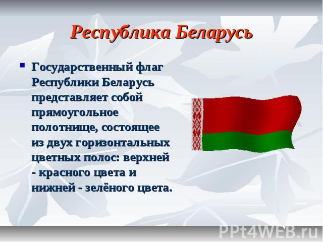Республика Беларусь Государственный флаг Республики Беларусь представляет собой прямоугольное полотнище, состоящее из двух горизонтальных цветных полос: верхней - красного цвета и нижней - зелёного цвета.