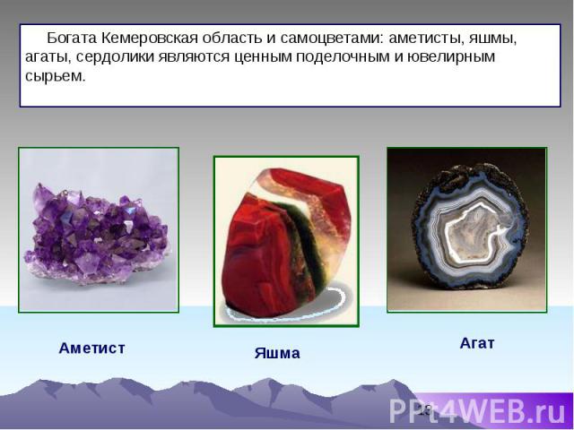 Богата Кемеровская область и самоцветами: аметисты, яшмы, агаты, сердолики являются ценным поделочным и ювелирным сырьем.