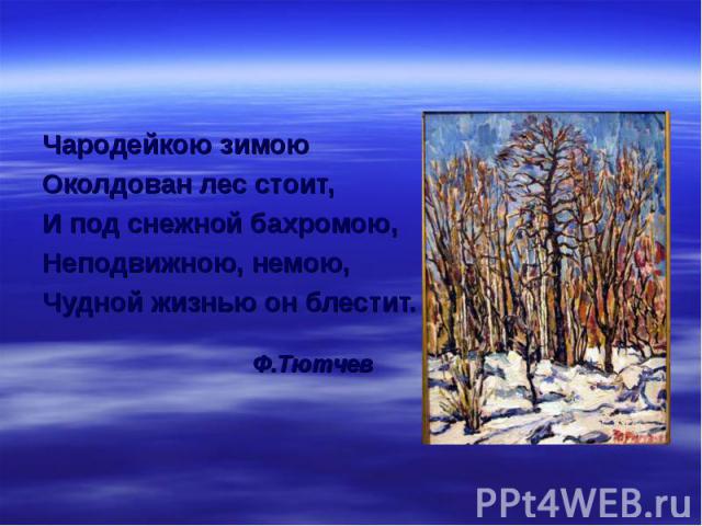 Чародейкою зимоюОколдован лес стоит, И под снежной бахромою,Неподвижною, немою,Чудной жизнью он блестит.Ф.Тютчев