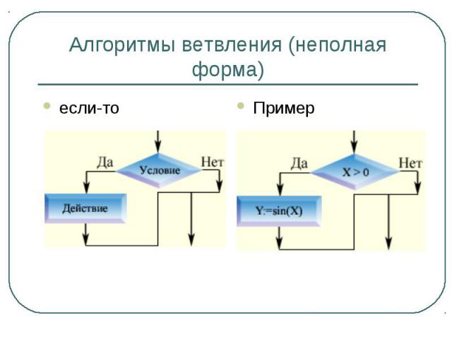 Алгоритмы ветвления (неполная форма)если-то