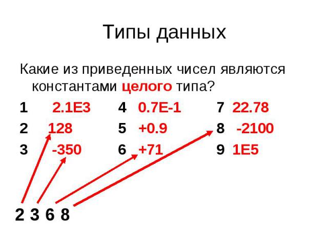 Типы данных Какие из приведенных чисел являются константами целого типа?1 2.1E3 4 0.7E-17 22.782 128 5 +0.9 8 -21003 -350 6 +71 9 1E5 2 3 6 8