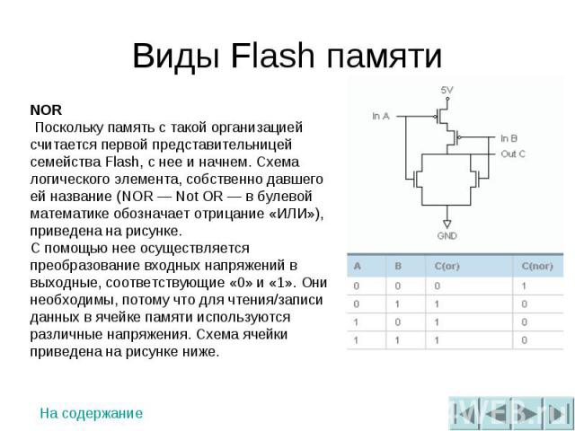 Виды Flash памяти NOR Поскольку память с такой организацией считается первой представительницей семейства Flash, с нее и начнем. Схема логического элемента, собственно давшего ей название (NOR — Not OR — в булевой математике обозначает отрицание «ИЛ…