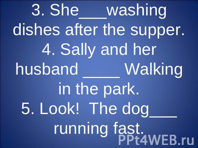 3. She___washing dishes after the supper.4. Sally and her husband ____ Walking in the park.5. Look! The dog___ running fast.