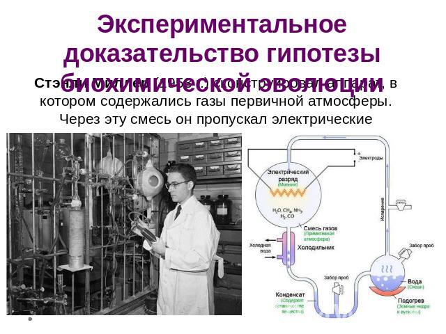 Экспериментальное доказательство гипотезы биохимической эволюции Стэнли Миллер (1953 г.) сконструировал аппарат, в котором содержались газы первичной атмосферы. Через эту смесь он пропускал электрические разряды.