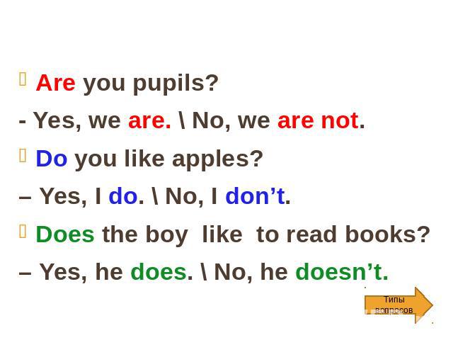 Are you pupils? - Yes, we are. \ No, we are not. Do you like apples? – Yes, I do. \ No, I don’t. Does the boy like to read books? – Yes, he does. \ No, he doesn’t.