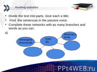 Reading activities Divide the text into parts. Give each a title. Find the sente