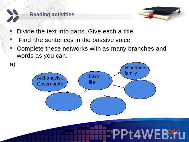 Reading activities Divide the text into parts. Give each a title. Find the sentences in the passive voice. Complete these networks with as many branches and words as you can. a)