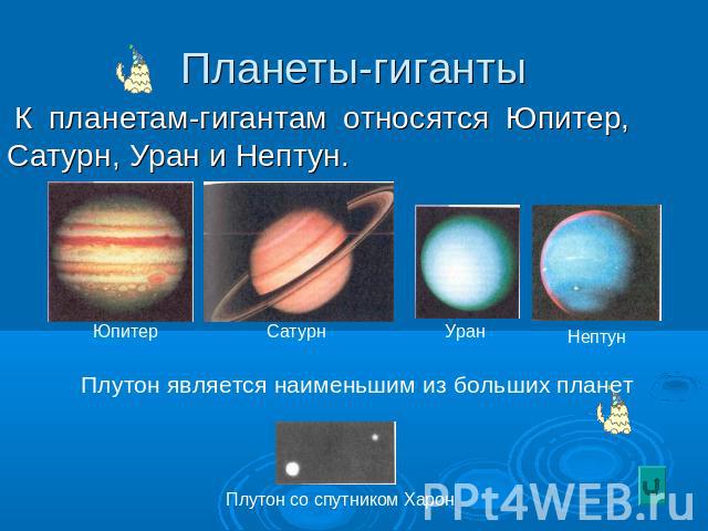 Планеты-гиганты К планетам-гигантам относятся Юпитер, Сатурн, Уран и Нептун.