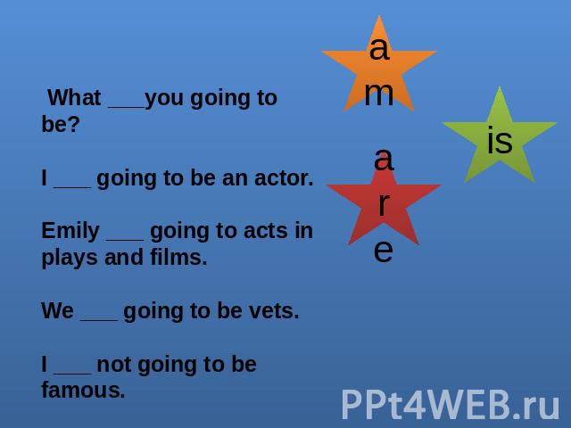 What ___you going to be? I ___ going to be an actor. Emily ___ going to acts in plays and films. We ___ going to be vets. I ___ not going to be famous.