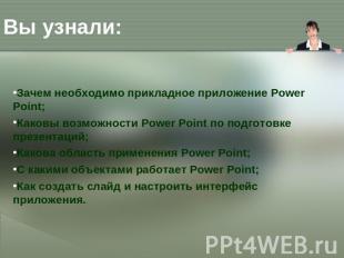 Вы узнали: Зачем необходимо прикладное приложение Power Point; Каковы возможност