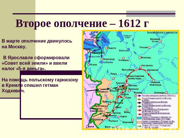 Второе ополчение – 1612 г В марте ополчение двинулось на Москву. В Ярославле сформировали «Совет всей земли» и ввели налог «5-я деньга». На помощь польскому гарнизону в Кремле спешил гетман Ходкевич.
