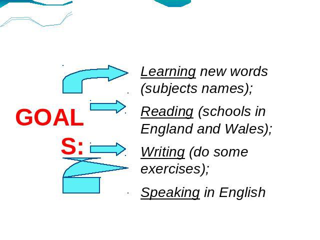 GOALS: Learning new words (subjects names); Reading (schools in England and Wales); Writing (do some exercises); Speaking in English