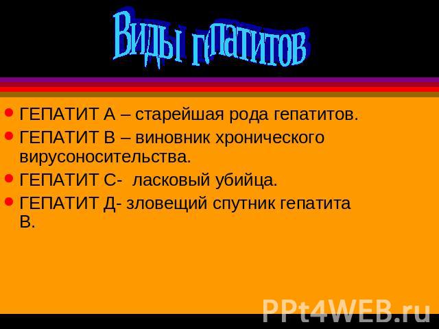 ГЕПАТИТ А – старейшая рода гепатитов. ГЕПАТИТ В – виновник хронического вирусоносительства. ГЕПАТИТ С- ласковый убийца. ГЕПАТИТ Д- зловещий спутник гепатита В.