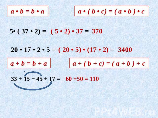 а • b = b • a а • ( b • c) = ( a • b ) • c 5• ( 37 • 2) = ( 5 • 2) • 37 = 370 20 • 17 • 2 • 5 = ( 20 • 5) • (17 • 2) = 3400 а + b = b + a a + ( b + c) = ( a + b ) + c 33 + 15 + 45 + 17 = 60 +50 = 110