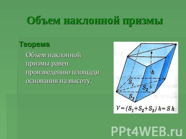 Объем наклонной призмы Теорема Объем наклонной призмы равен произведению площади основания на высоту.