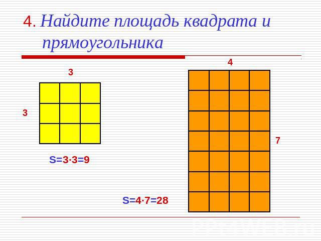 4. Найдите площадь квадрата и прямоугольника S=3·3=9 S=4·7=28