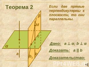Теорема 2 Если две прямые перпендикулярны к плоскости, то они параллельны. Дано:
