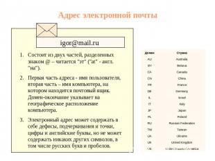 Адрес электронной почты igor@mail.ru Состоит из двух частей, разделенных знаком