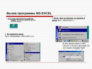 Вызов программы MS EXCEL 1. Если есть ярлык Excel на рабочем столе: Выполнить дв
