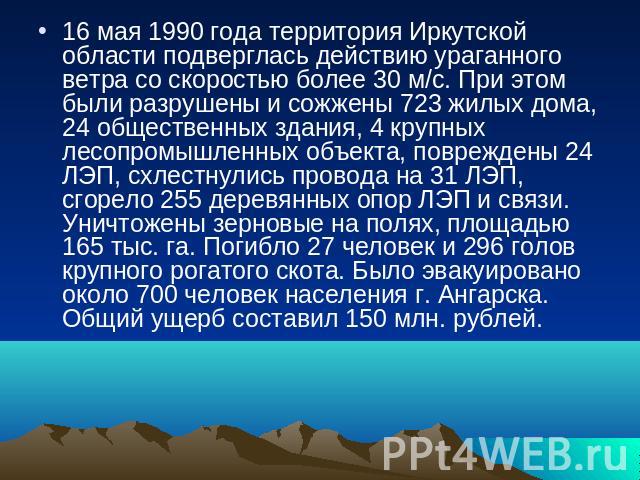 16 мая 1990 года территория Иркутской области подверглась действию ураганного ветра со скоростью более 30 м/с. При этом были разрушены и сожжены 723 жилых дома, 24 общественных здания, 4 крупных лесопромышленных объекта, повреждены 24 ЛЭП, схлестнул…