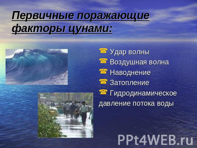 Первичные поражающие факторы цунами: Удар волны Воздушная волна Наводнение Затопление Гидродинамическоедавление потока воды