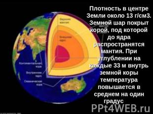 Плотность в центре Земли около 13 г/см3. Земной шар покрыт корой, под которой до