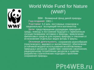 World Wide Fund for Nature (WWF) ВВФ - Всемирный фонд дикой природы Год создания