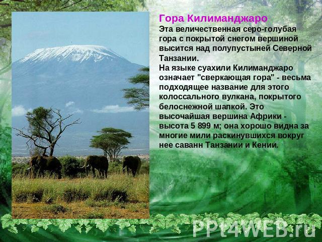 Гора КилиманджароЭта величественная серо-голубая гора с покрытой снегом вершиной высится над полупустыней Северной Танзании. На языке суахили Килиманджаро означает 