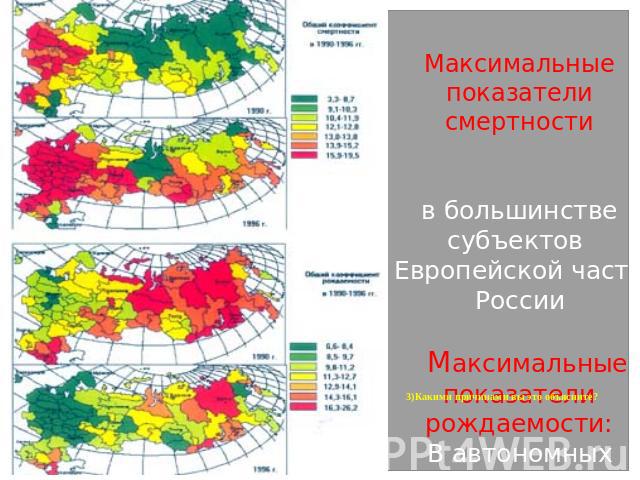 Максимальные показатели смертностив большинстве субъектов Европейской части России Максимальные показатели рождаемости:В автономных округах и кавказских республиках 3)Какими причинами вы это объясните?