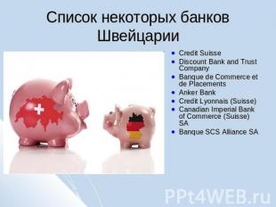 Список некоторых банков Швейцарии Credit SuisseDiscount Bank and Trust CompanyBa