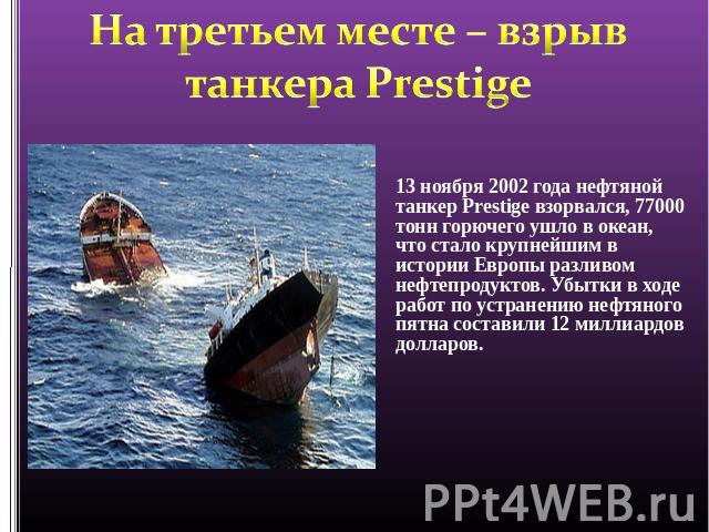 На третьем месте – взрыв танкера Prestige 13 ноября 2002 года нефтяной танкер Prestige взорвался, 77000 тонн горючего ушло в океан, что стало крупнейшим в истории Европы разливом нефтепродуктов. Убытки в ходе работ по устранению нефтяного пятна сост…